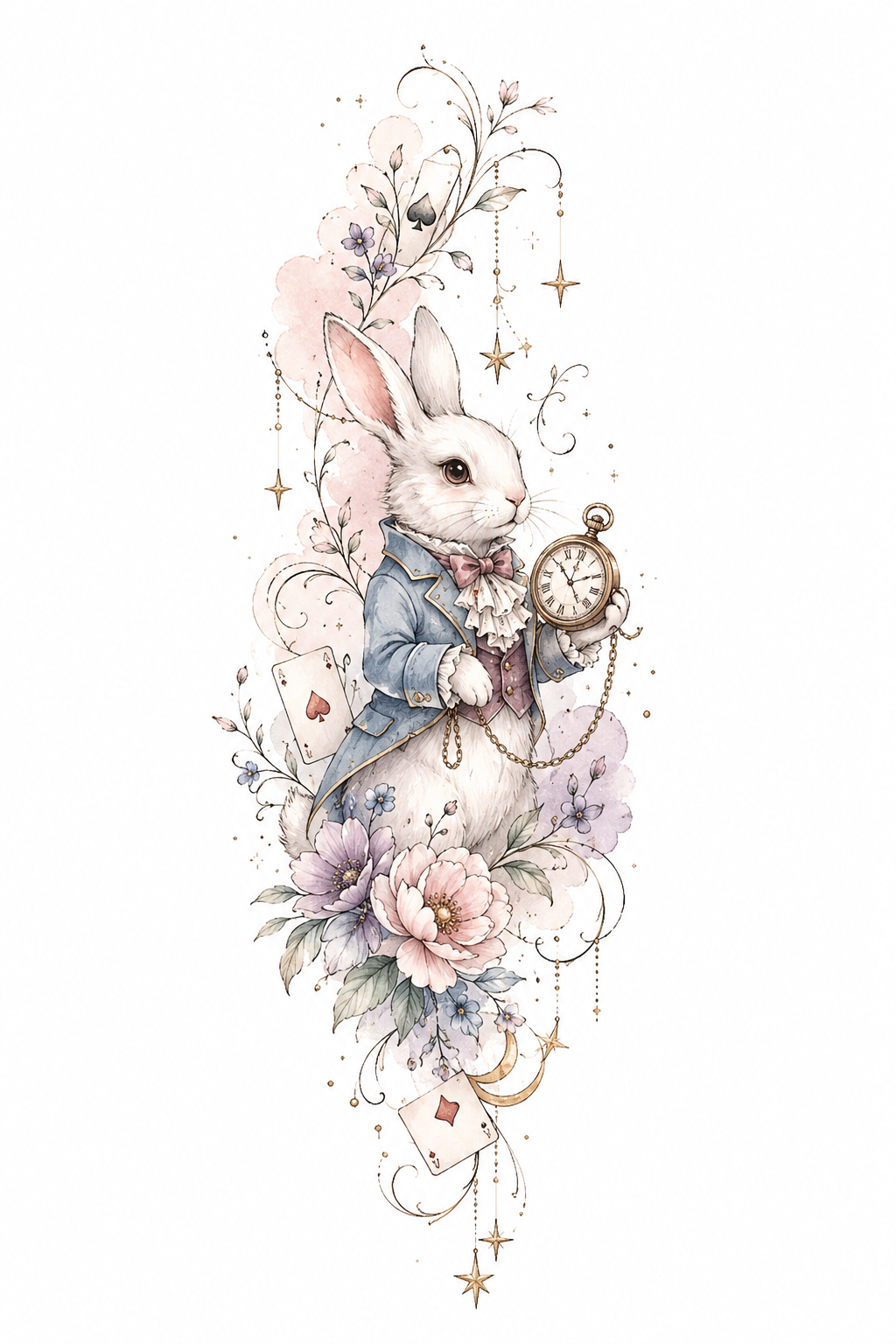 Keeper of the Hour storybook rabbit in a tailored coat holding an ornate pocket watch in Original Watercolor.