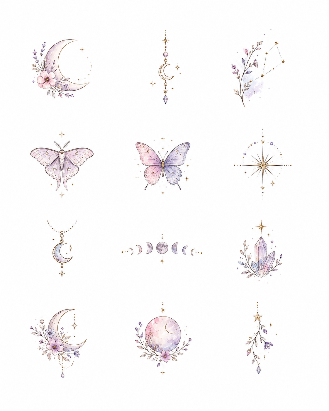 Little Omens Flash Sheet flash sheet of twelve small celestial designs in Original Watercolor.