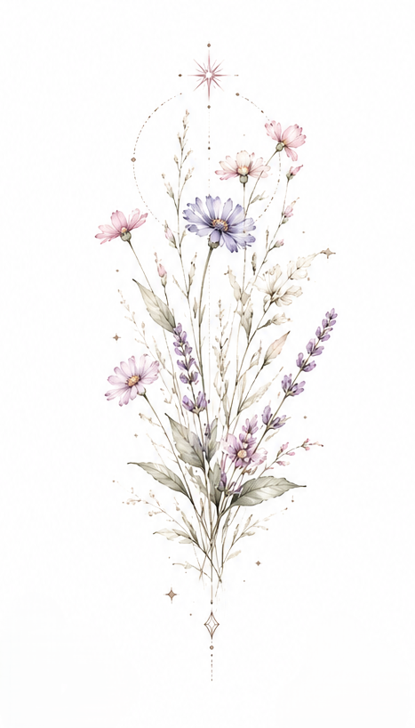 Starlit Wilds cosmos, cornflower and lavender bouquet design in Original Watercolor.