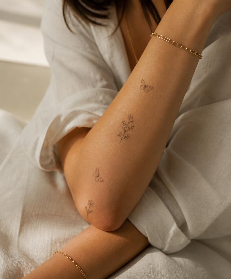 Tiny fine-line wildflower and butterfly tattoos on a forearm