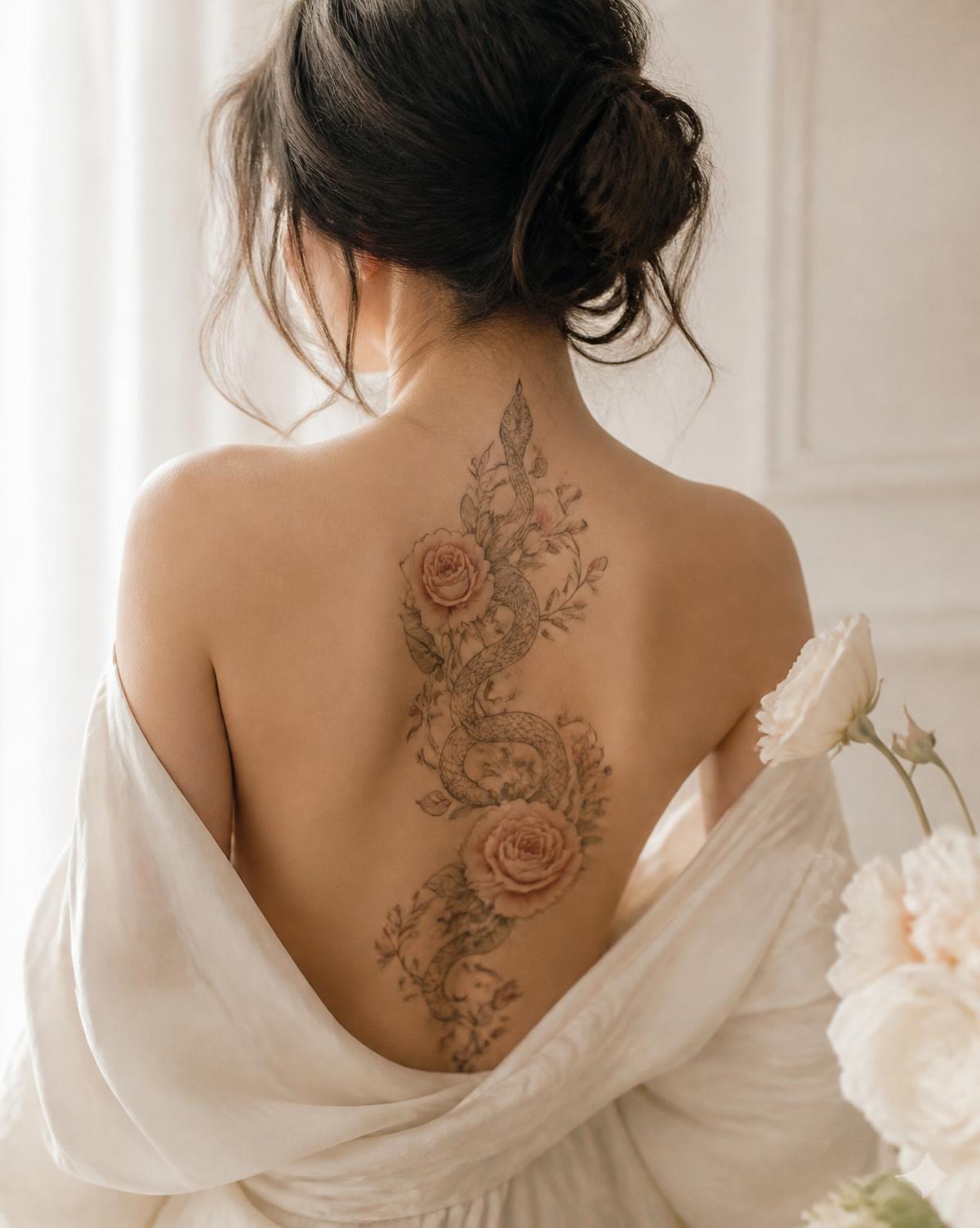 Fine-line botanical tattoo across a woman's back in soft daylight